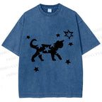 Unisex Star Black Cat Printed Washed Tee