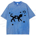 Unisex Star Black Cat Printed Washed Tee