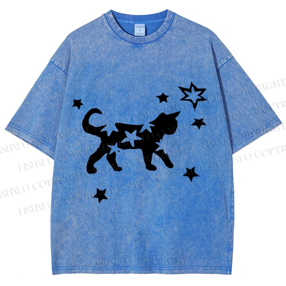 Unisex Star Black Cat Printed Washed Tee