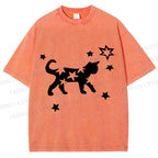 Unisex Star Black Cat Printed Washed Tee