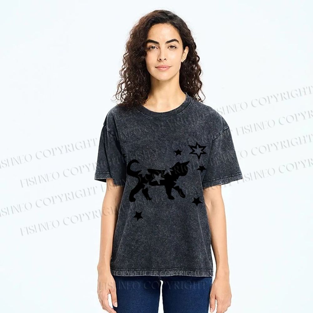 Unisex Star Black Cat Printed Washed Tee