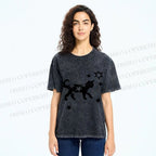Unisex Star Black Cat Printed Washed Tee