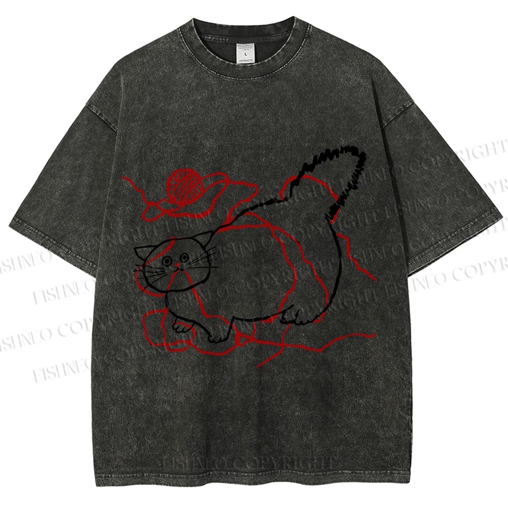 Unisex Funny Cat Knit Ball Printed Washed Tee