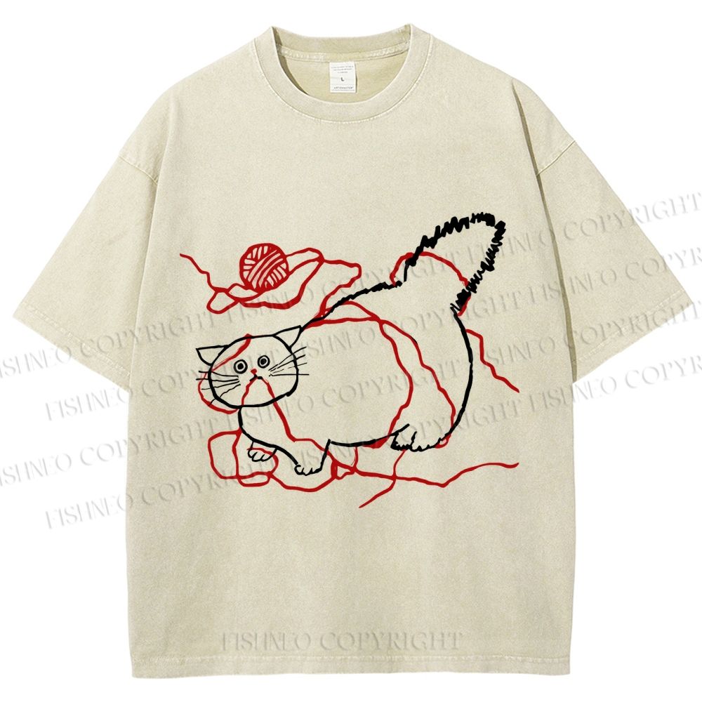 Unisex Funny Cat Knit Ball Printed Washed Tee