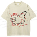 Unisex Funny Cat Knit Ball Printed Washed Tee