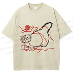Unisex Funny Cat Knit Ball Printed Washed Tee