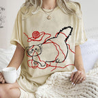 Unisex Funny Cat Knit Ball Printed Washed Tee