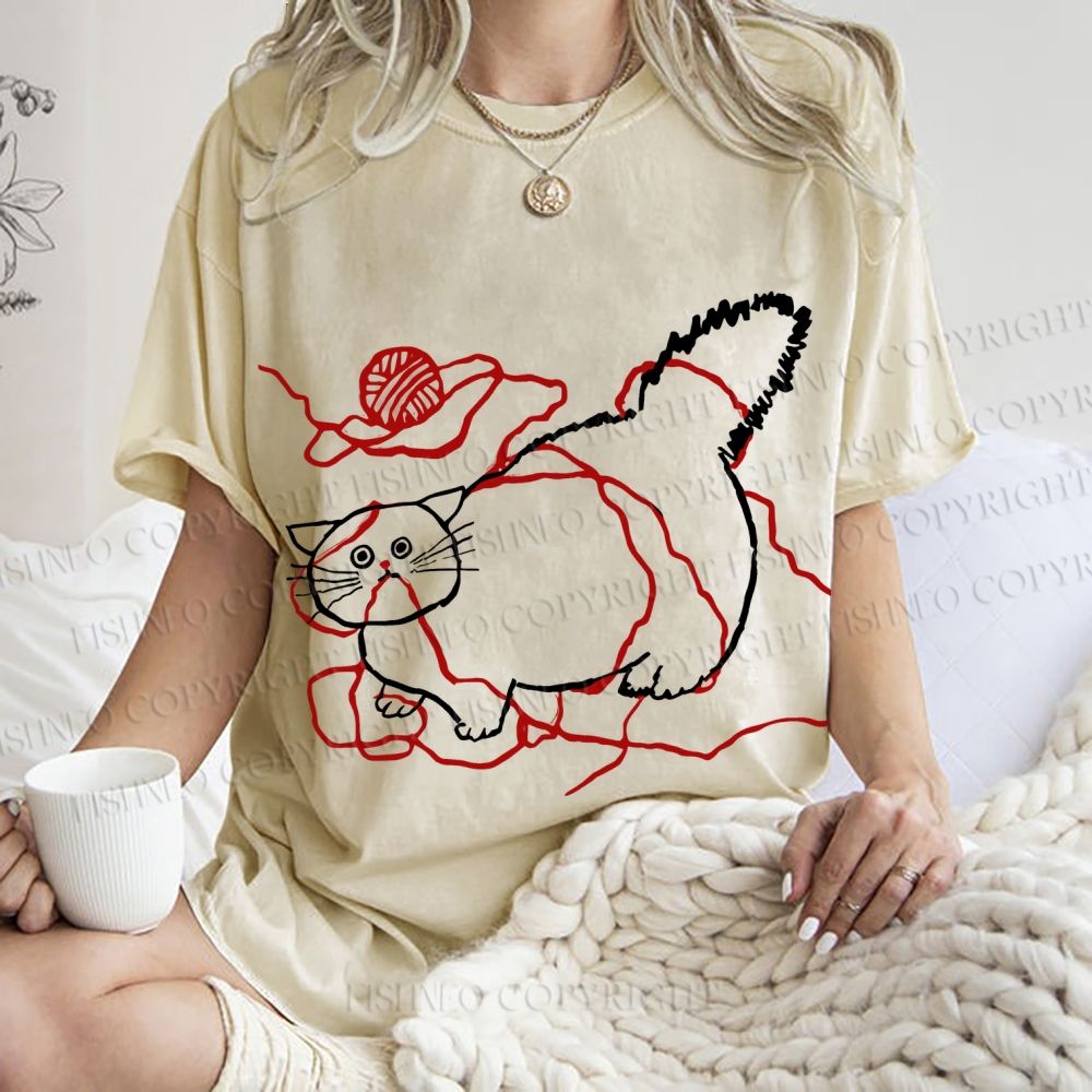 Unisex Funny Cat Knit Ball Printed Washed Tee