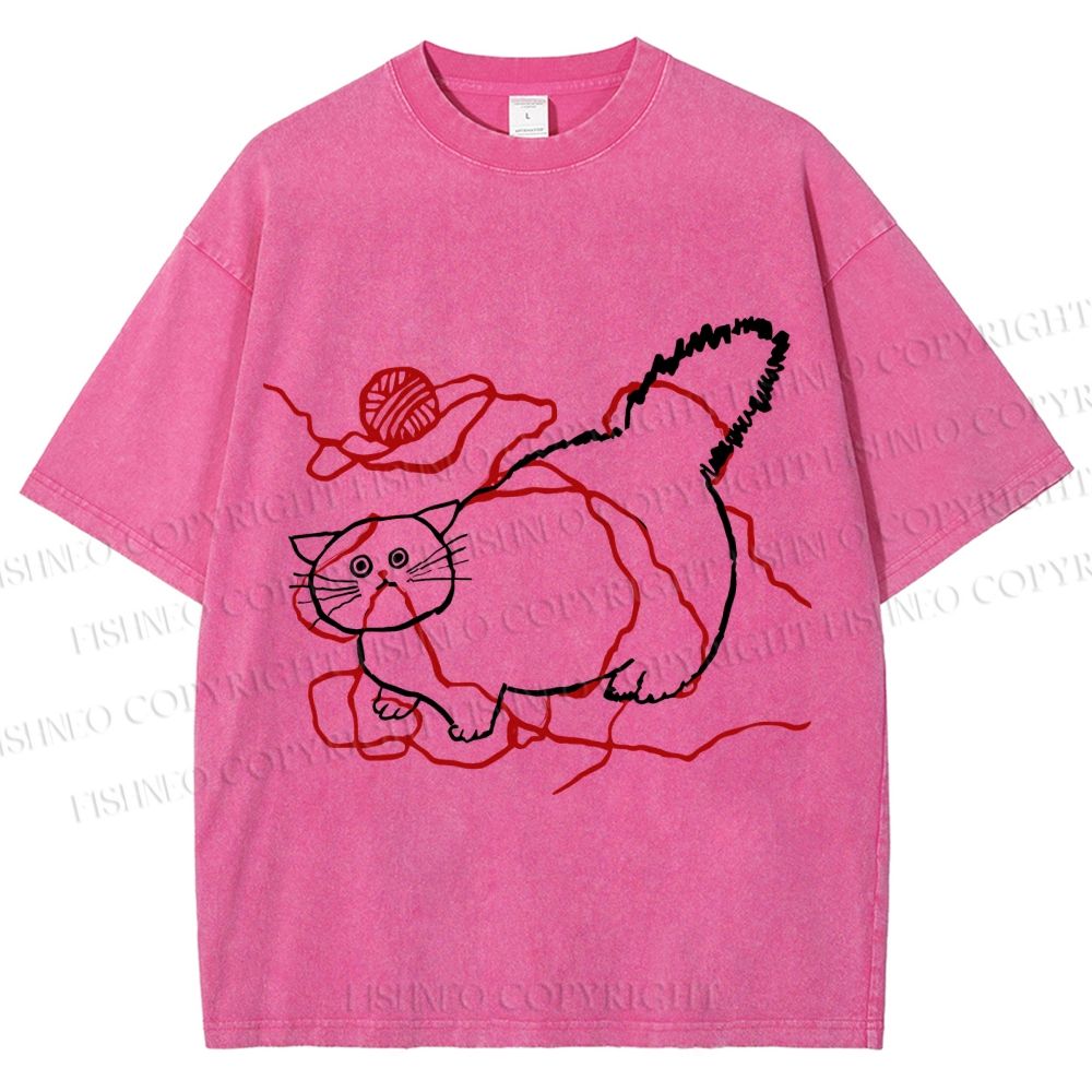Unisex Funny Cat Knit Ball Printed Washed Tee