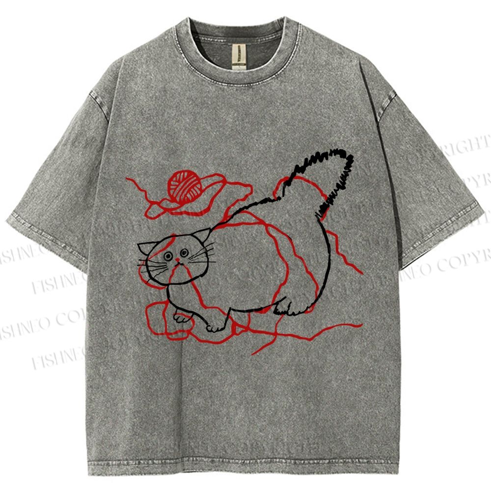 Unisex Funny Cat Knit Ball Printed Washed Tee