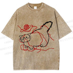 Unisex Funny Cat Knit Ball Printed Washed Tee