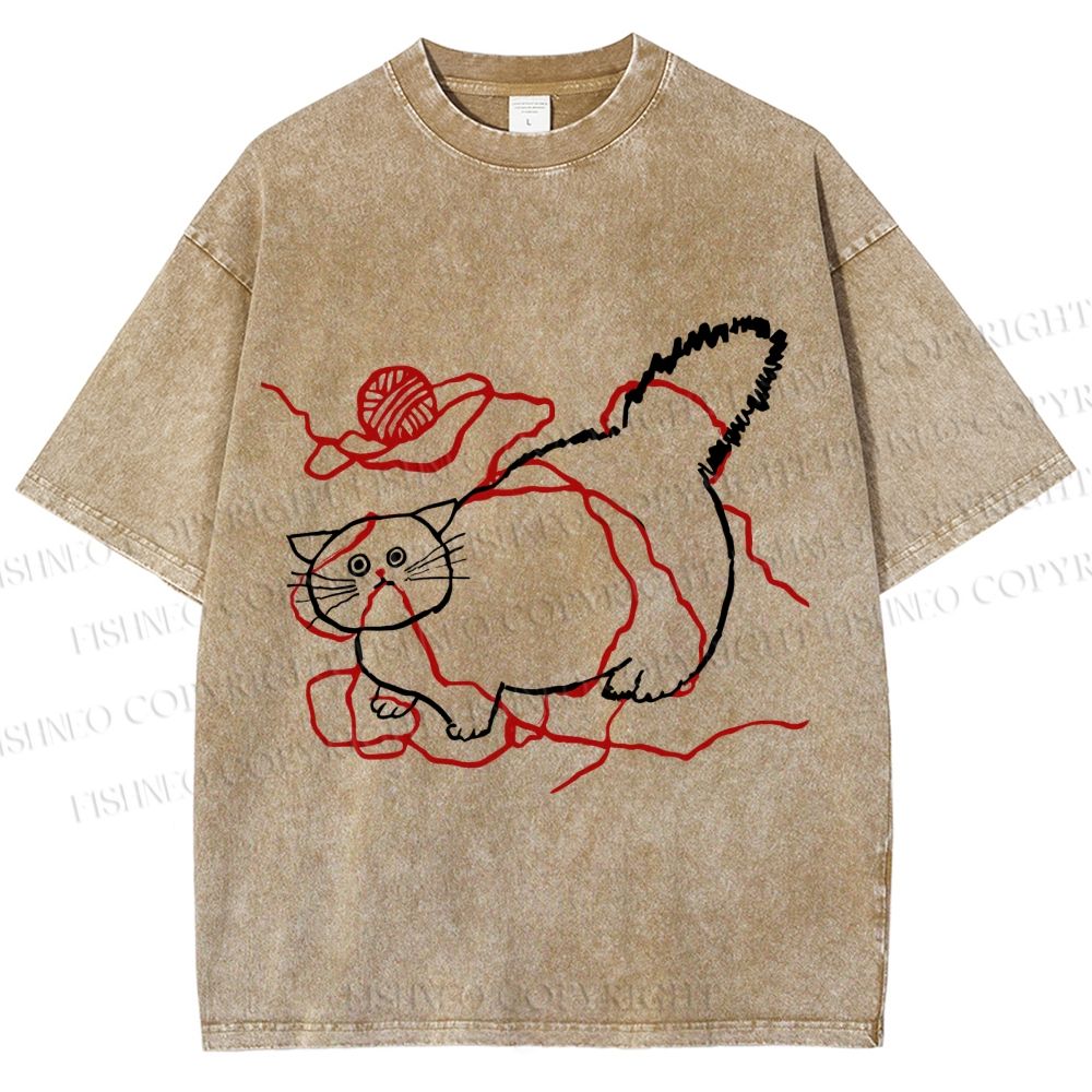 Unisex Funny Cat Knit Ball Printed Washed Tee