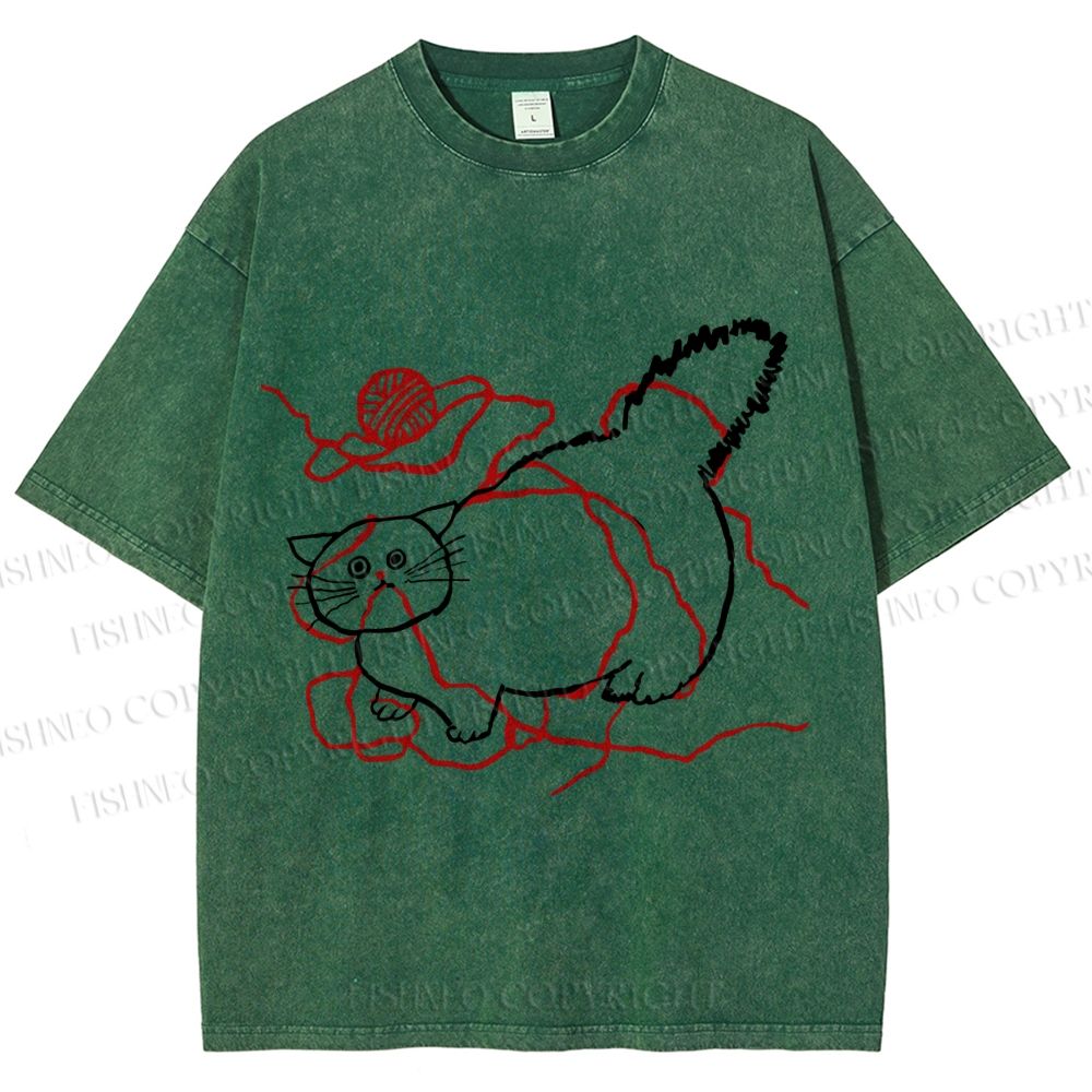 Unisex Funny Cat Knit Ball Printed Washed Tee