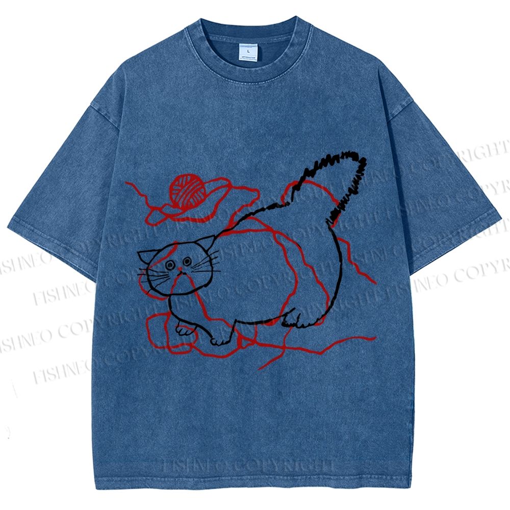 Unisex Funny Cat Knit Ball Printed Washed Tee