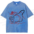 Unisex Funny Cat Knit Ball Printed Washed Tee