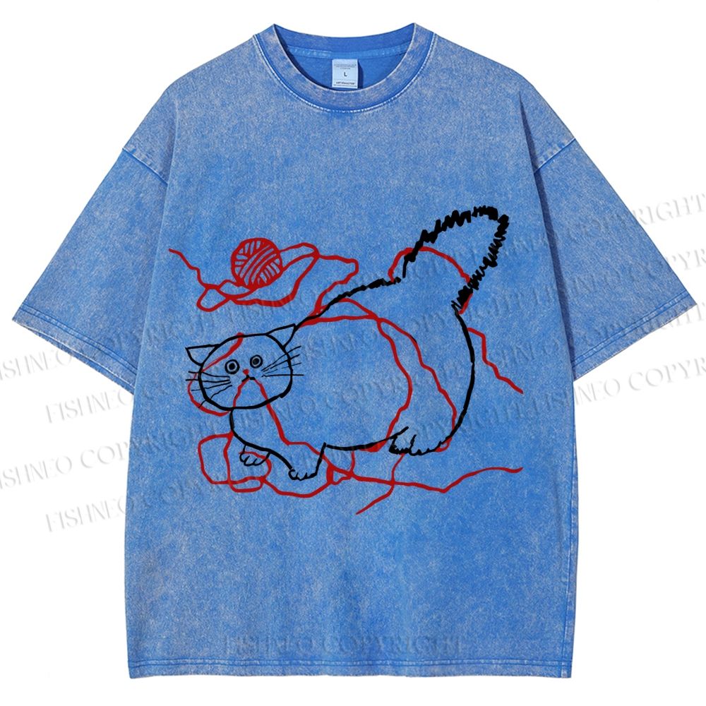 Unisex Funny Cat Knit Ball Printed Washed Tee