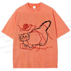 Unisex Funny Cat Knit Ball Printed Washed Tee