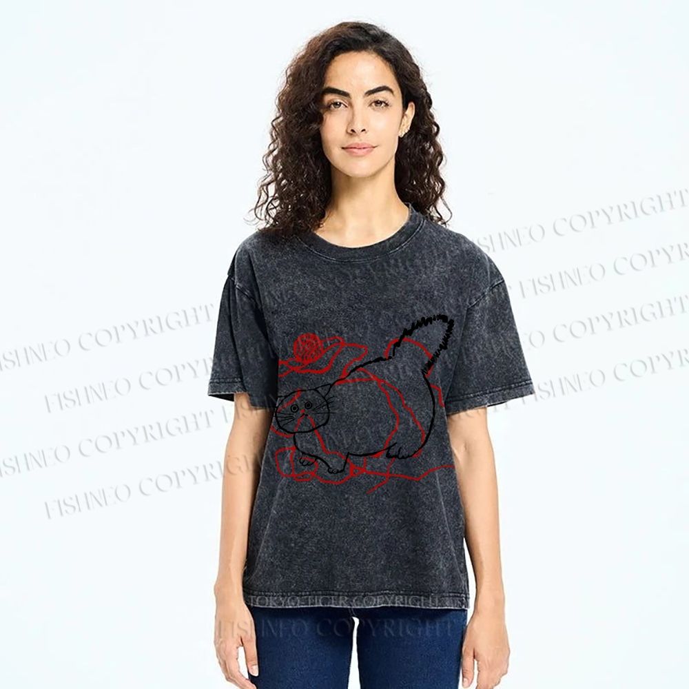 Unisex Funny Cat Knit Ball Printed Washed Tee