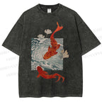 Unisex Vintage Koi Fish Printed Washed Tee