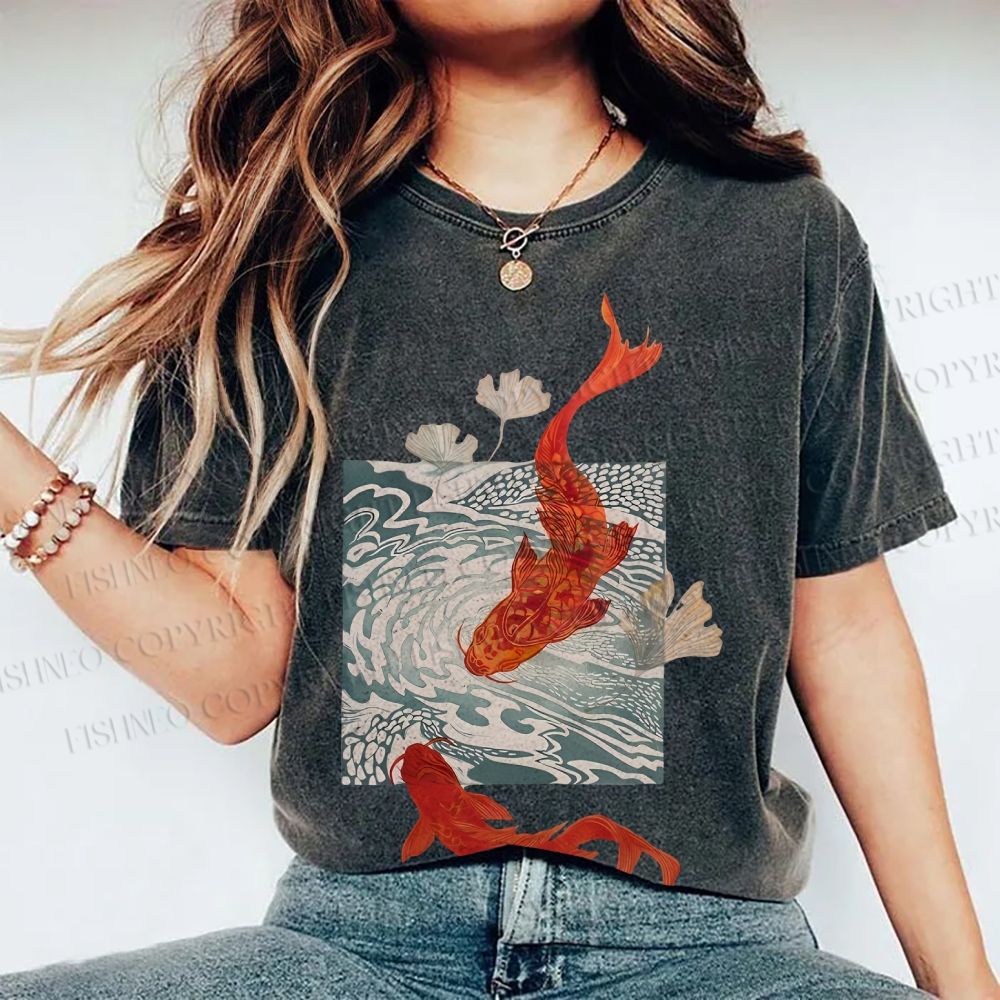 Unisex Vintage Koi Fish Printed Washed Tee