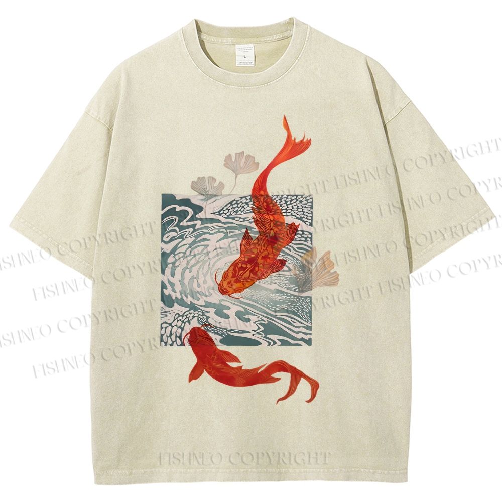 Unisex Vintage Koi Fish Printed Washed Tee