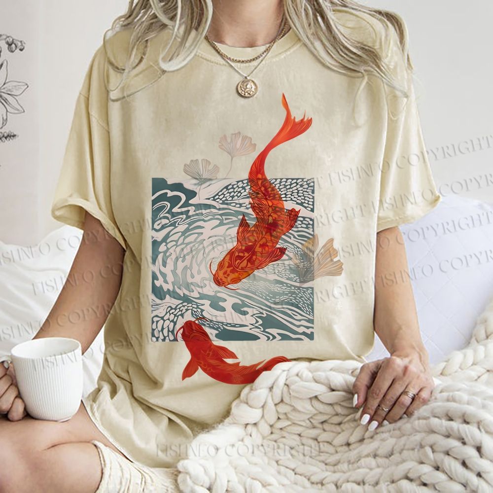 Unisex Vintage Koi Fish Printed Washed Tee