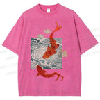 Unisex Vintage Koi Fish Printed Washed Tee