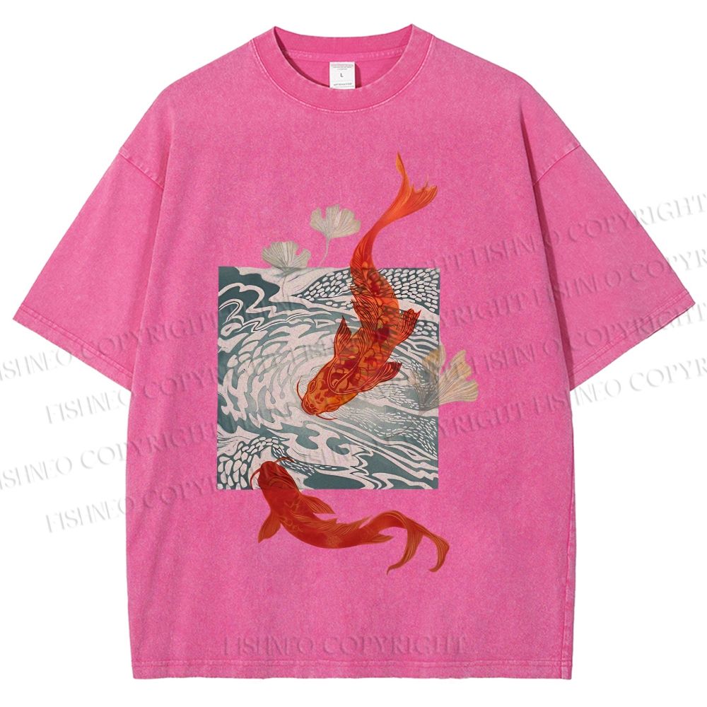 Unisex Vintage Koi Fish Printed Washed Tee