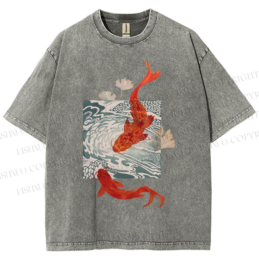 Unisex Vintage Koi Fish Printed Washed Tee