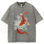 Unisex Vintage Koi Fish Printed Washed Tee