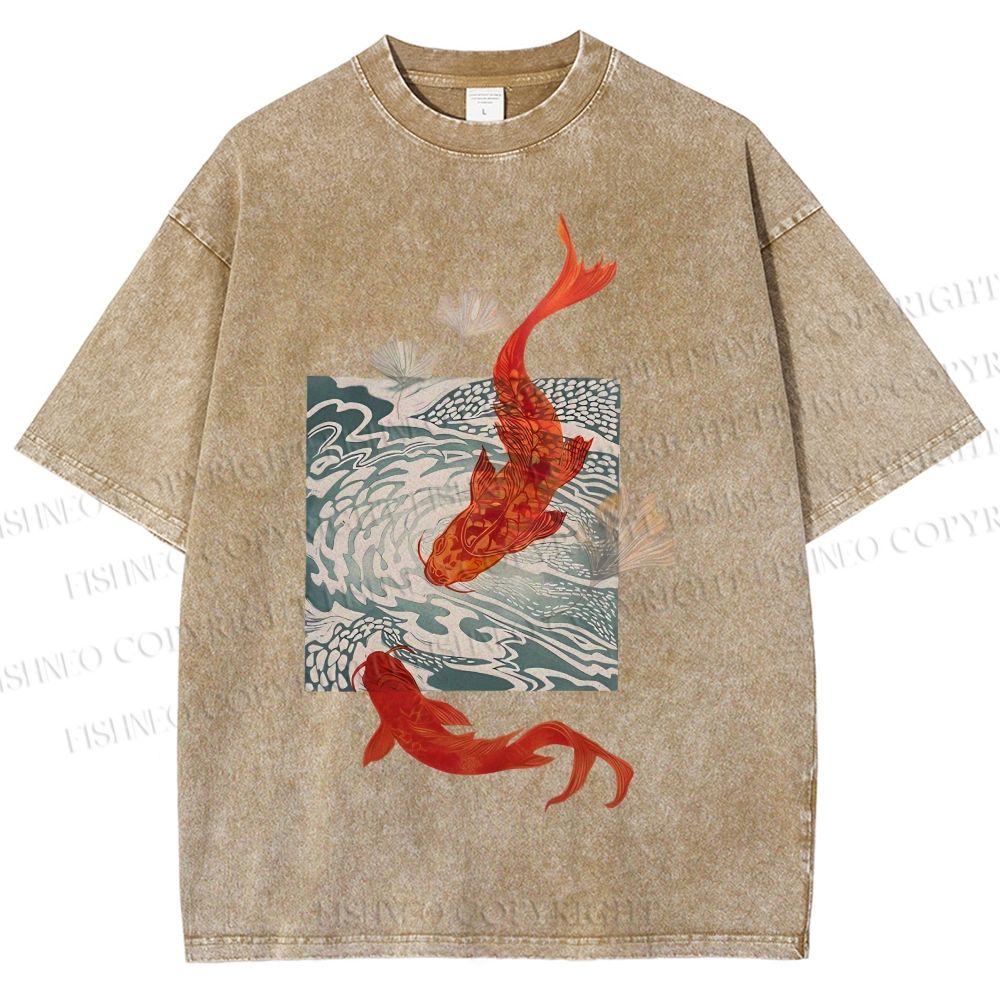 Unisex Vintage Koi Fish Printed Washed Tee