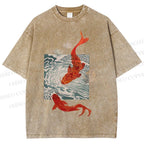 Unisex Vintage Koi Fish Printed Washed Tee