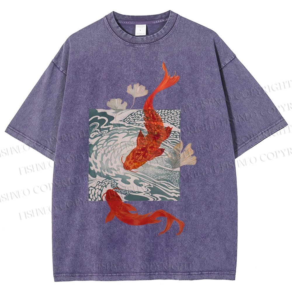 Unisex Vintage Koi Fish Printed Washed Tee