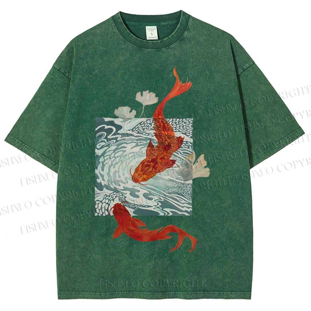 Unisex Vintage Koi Fish Printed Washed Tee