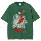 Unisex Vintage Koi Fish Printed Washed Tee