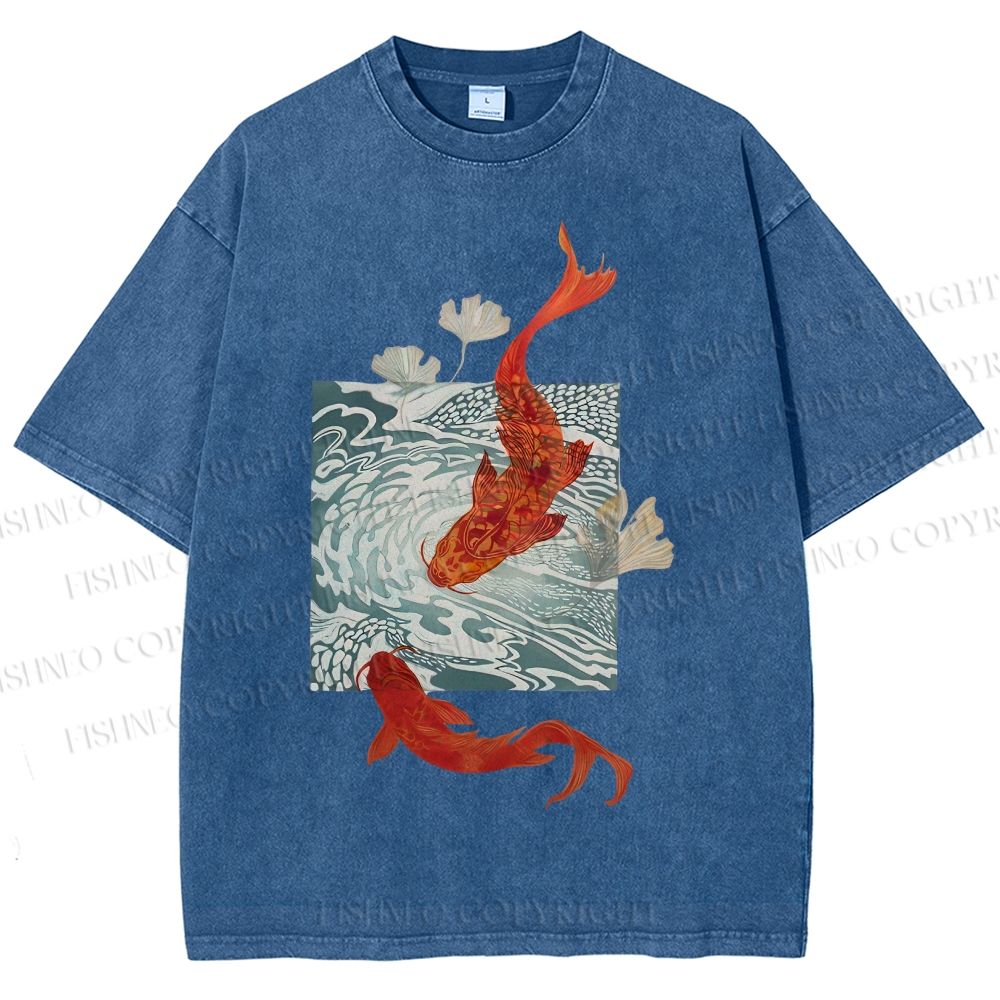 Unisex Vintage Koi Fish Printed Washed Tee