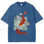 Unisex Vintage Koi Fish Printed Washed Tee