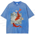 Unisex Vintage Koi Fish Printed Washed Tee