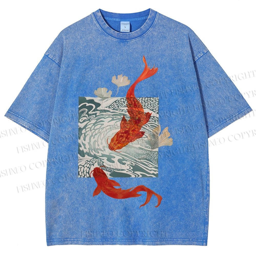 Unisex Vintage Koi Fish Printed Washed Tee