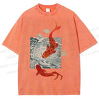Unisex Vintage Koi Fish Printed Washed Tee