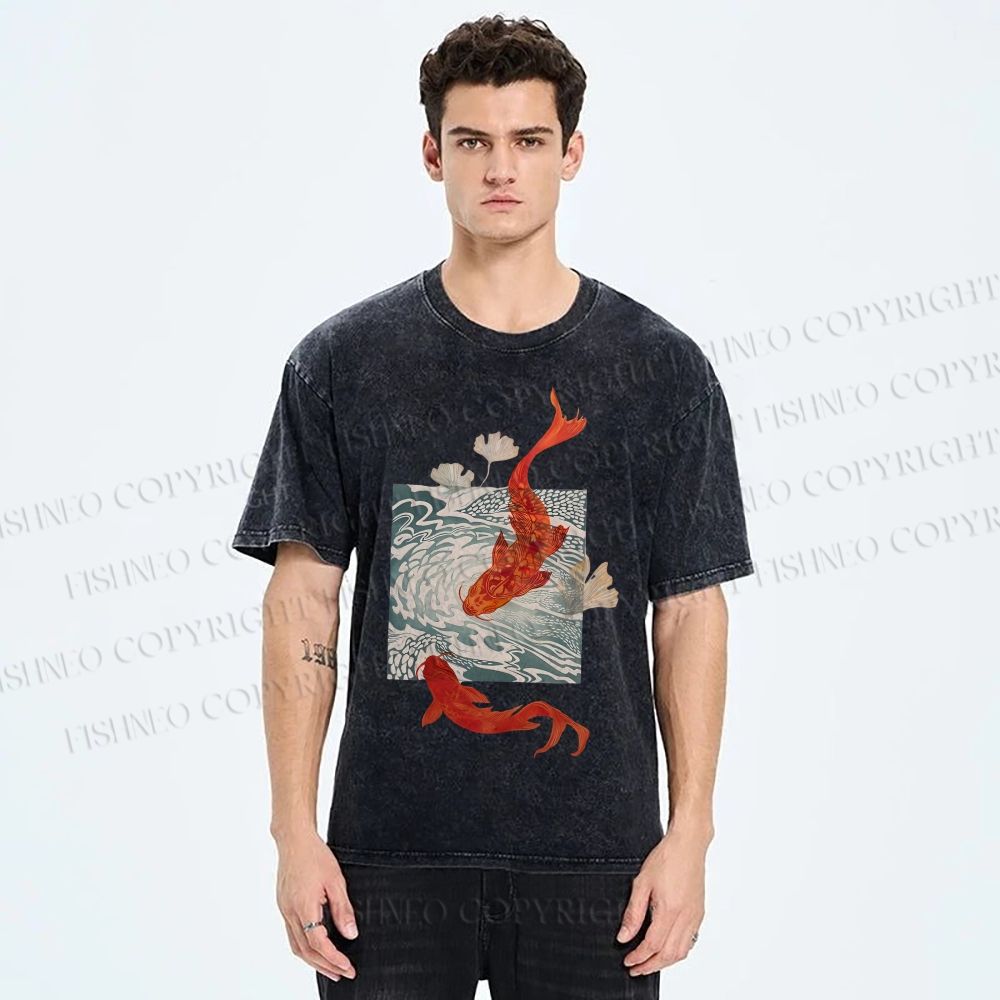 Unisex Vintage Koi Fish Printed Washed Tee