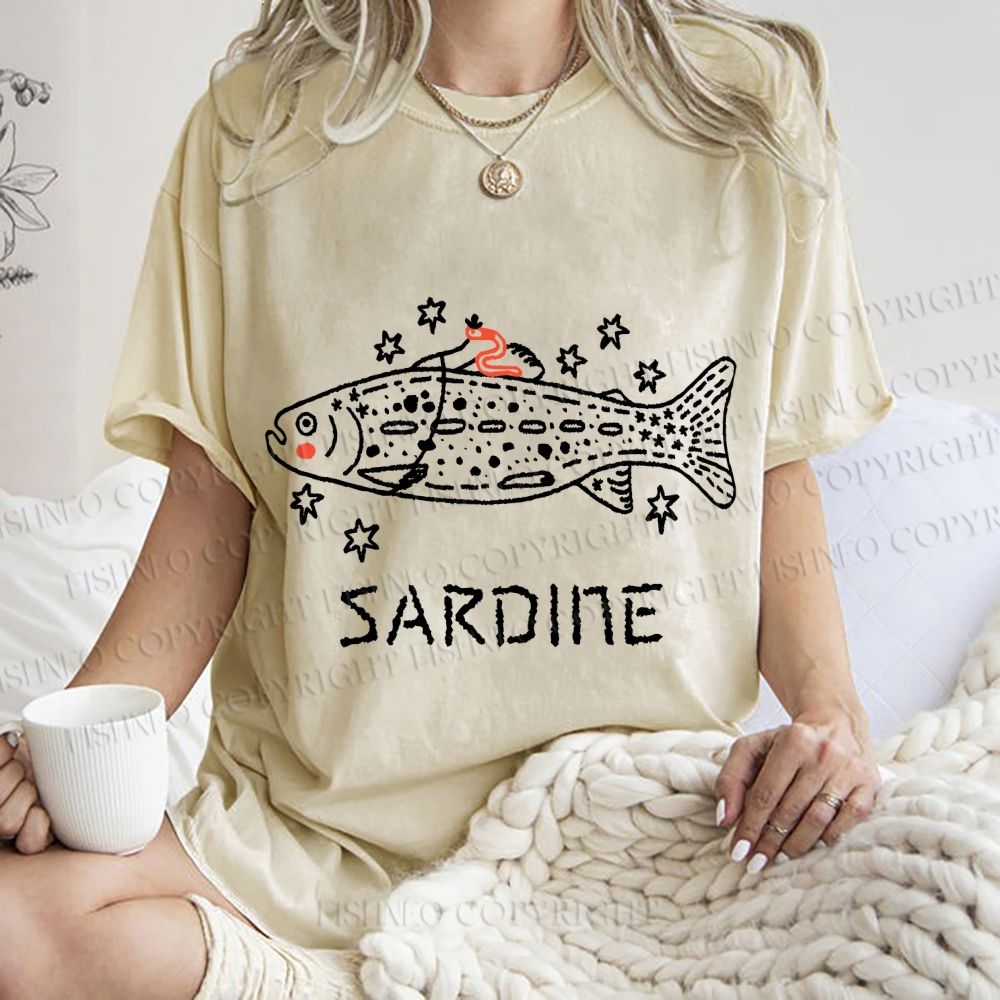 Unisex Sardine Fish Printed Washed Tee