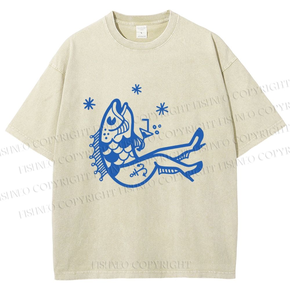 Unisex Drunk Fish Printed Washed Tee