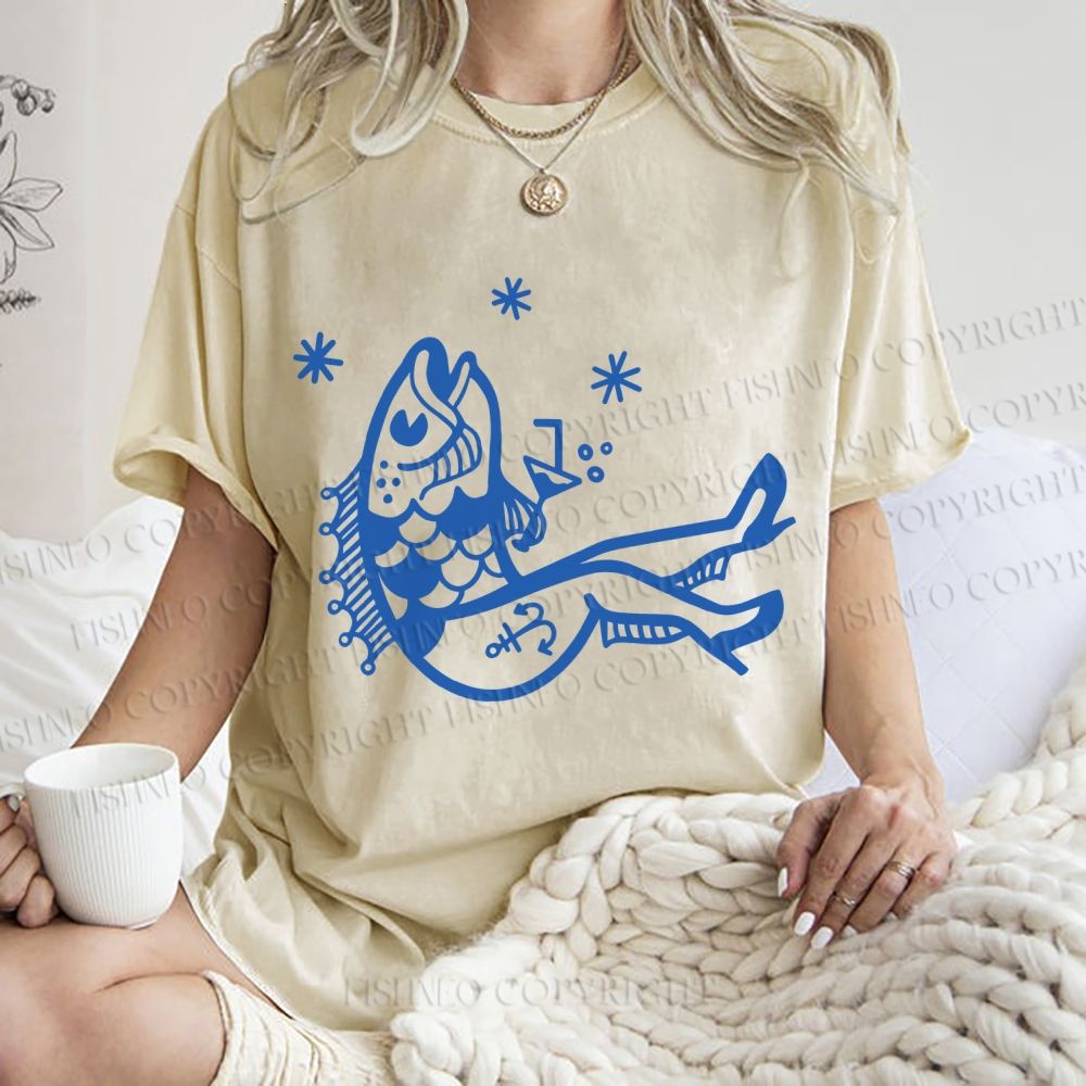 Unisex Drunk Fish Printed Washed Tee