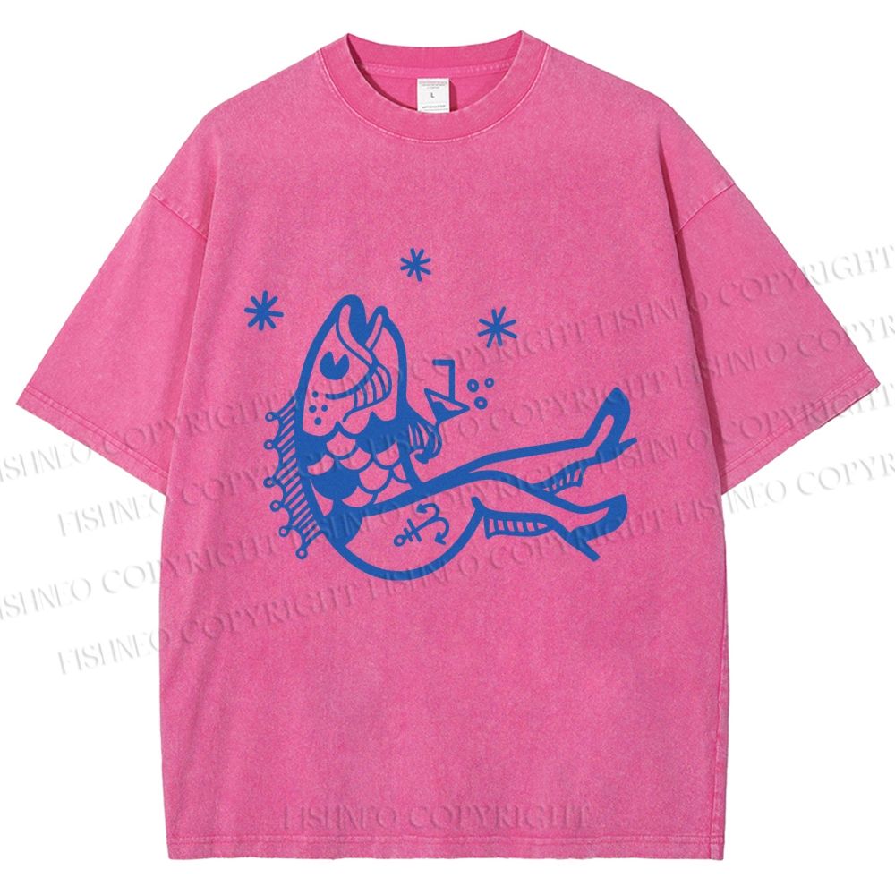 Unisex Drunk Fish Printed Washed Tee