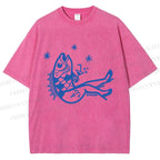 Unisex Drunk Fish Printed Washed Tee