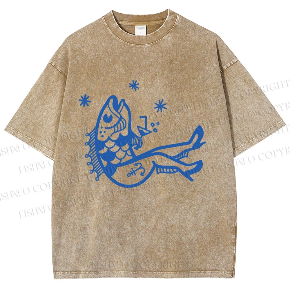 Unisex Drunk Fish Printed Washed Tee