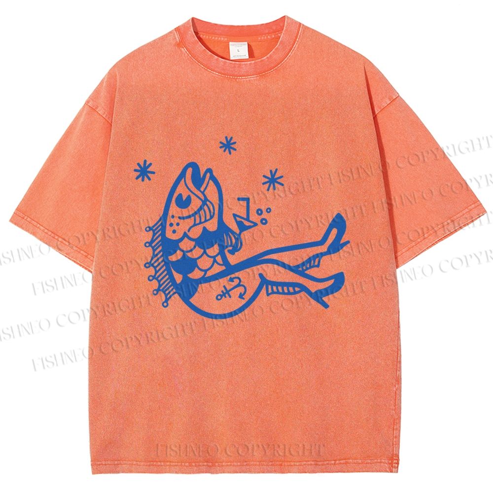 Unisex Drunk Fish Printed Washed Tee