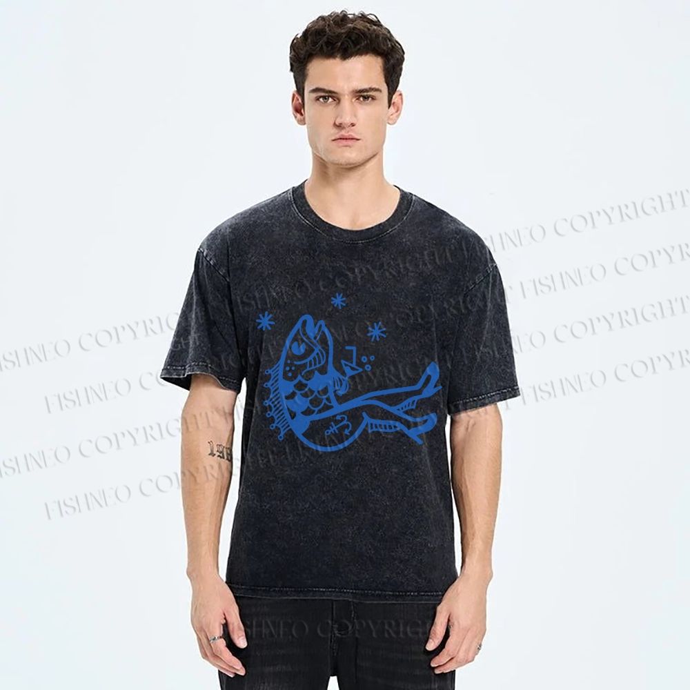 Unisex Drunk Fish Printed Washed Tee