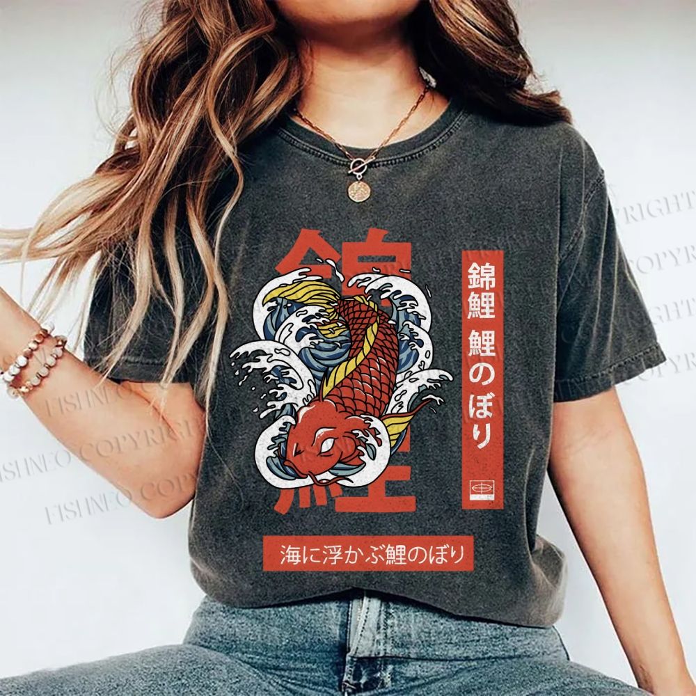 Unisex Japanese Koi Printed Washed Tee